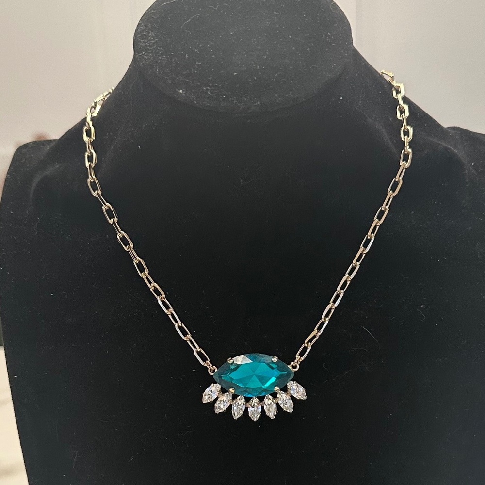 REBEKAH PRICE Teal and Marquise Crystal Statement Eye Necklace in Gold Plate